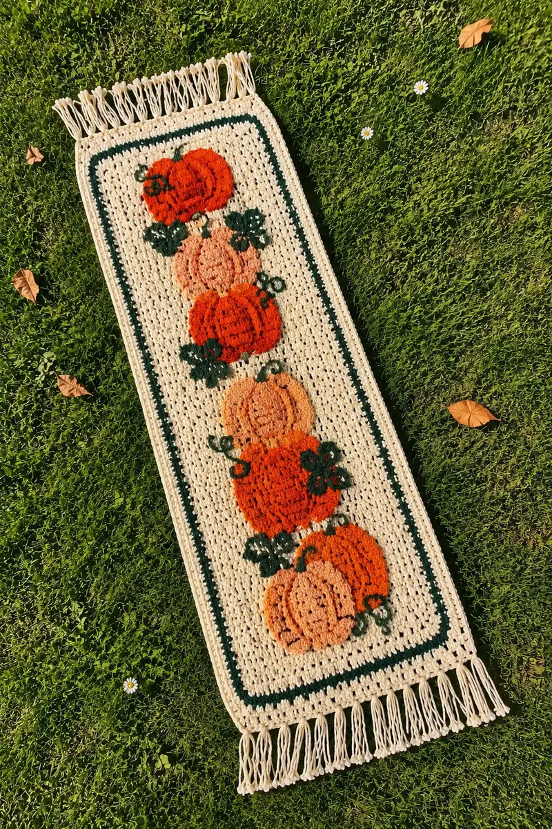 Rustic Farmhouse Pumpkin Patch Table Runner Pattern crochet pattern - detailed view of completed project