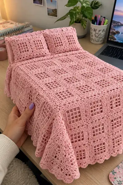 Pink Crochet Bedspread Pattern step 1 - construction progress