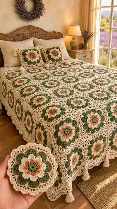 Olive Blossom Granny Square Bedspread Pattern step 1 - construction progress