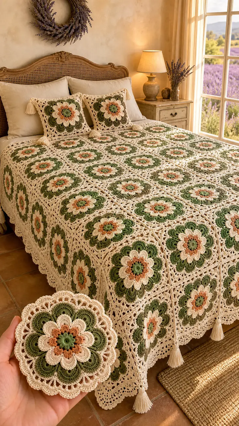 Olive Blossom Granny Square Bedspread Pattern crochet pattern - detailed view of completed project