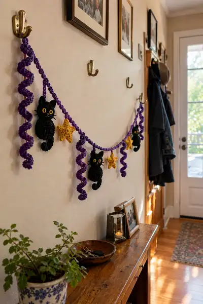 Purple Spiral Halloween Garland with Black Cats and Golden Stars Pattern step 1 - construction progress