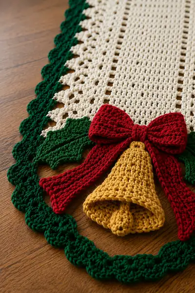 Christmas Bell and Ribbon Table Runner Pattern step 2 - assembly progress