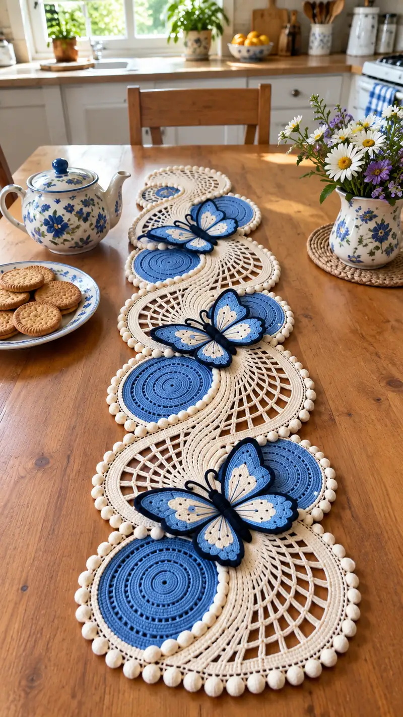 Blue Butterfly Table Runner Pattern crochet pattern - detailed view of completed project