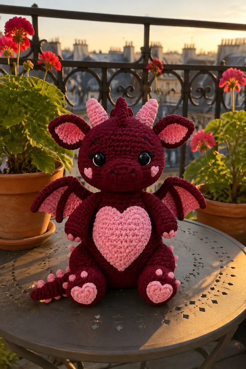 Big Burgundy Sweetheart Dragon Amigurumi Pattern crochet pattern - detailed view of completed project