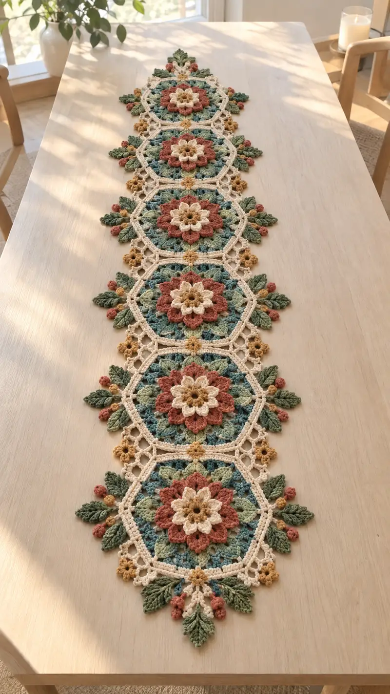 Hex Floral Table Runner Pattern crochet pattern - detailed view of completed project