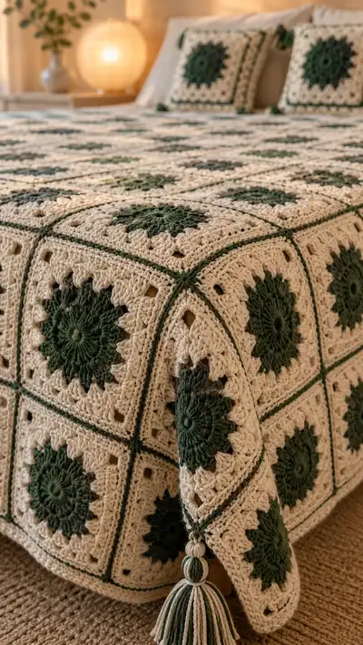 Forest Sunburst Granny Square Bedspread Pattern step 2 - assembly progress