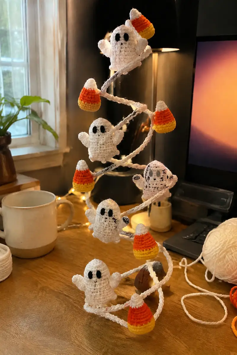 White Ghost Spiral Halloween Garland Amigurumi Pattern crochet pattern - detailed view of completed project