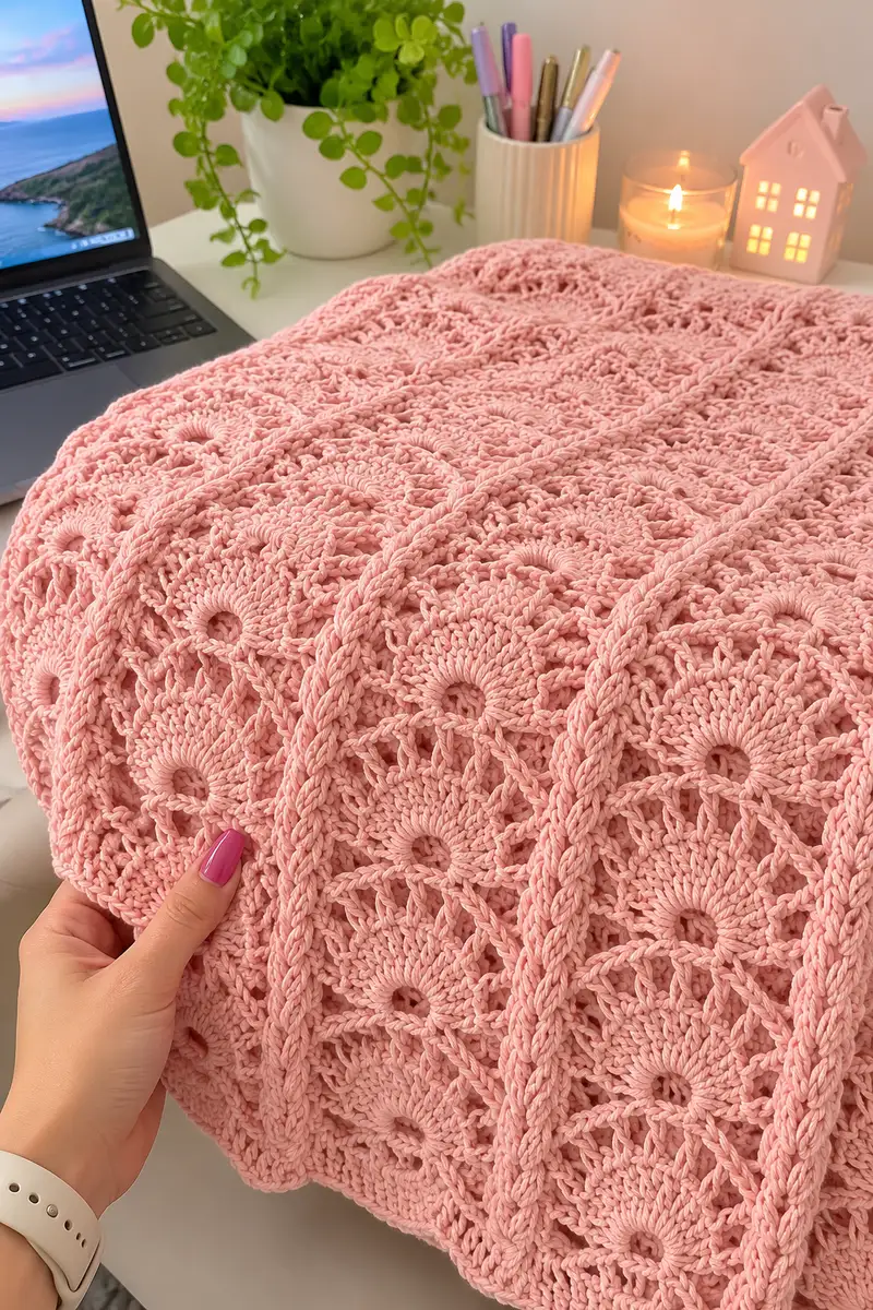 Sweet Blush Pink Bedspread Pattern crochet pattern - detailed view of completed project