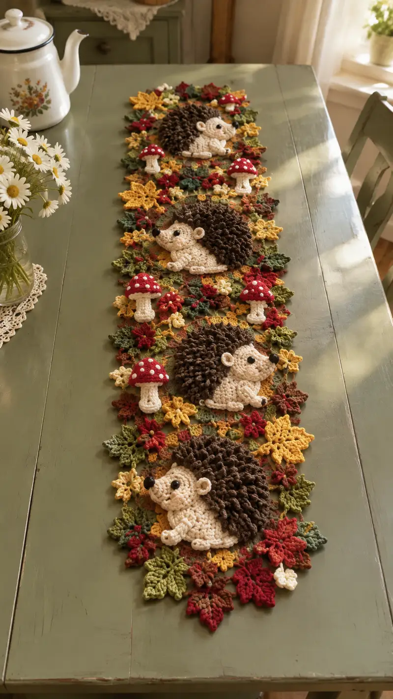 Cream And Brown Hedgehog Table Runner Pattern crochet pattern - detailed view of completed project
