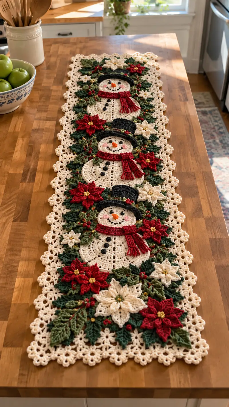 Cream And Red Snowman Poinsettia Table Runner Pattern crochet pattern - detailed view of completed project