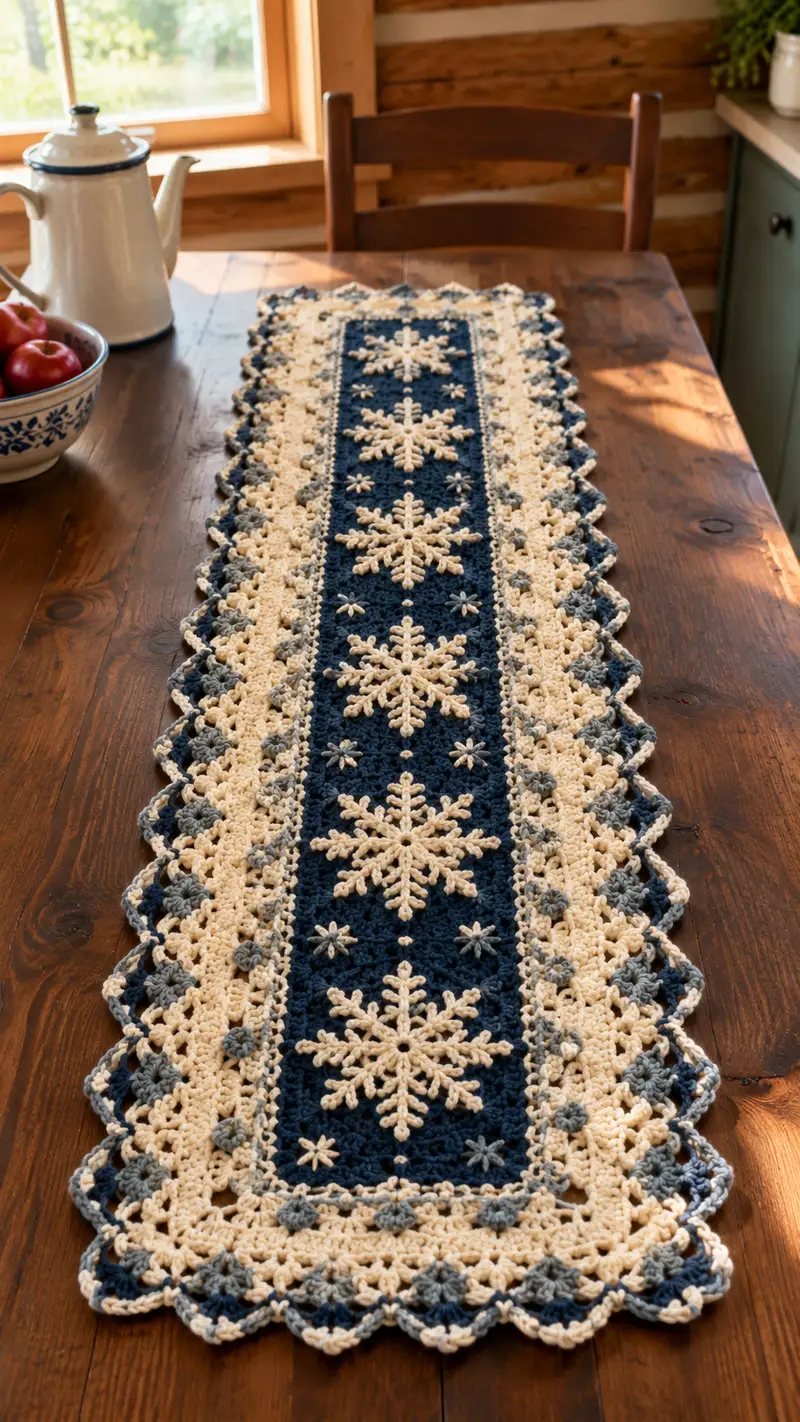 Snowflake Table Runner Pattern crochet pattern - detailed view of completed project