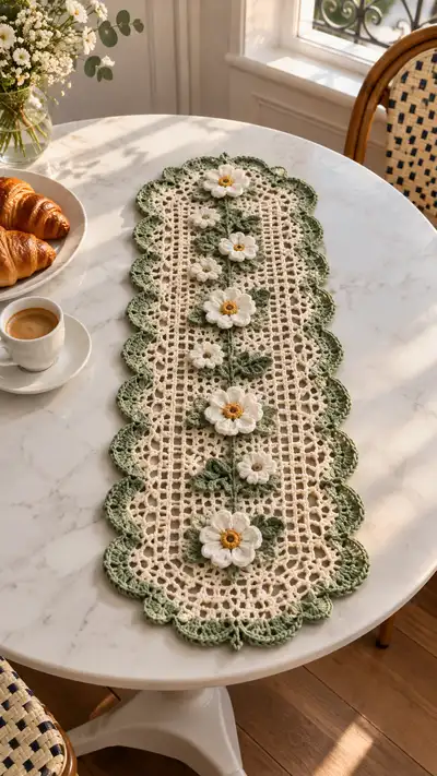 Cream And Sage Daisy Lace Table Runner Pattern step 1 - construction progress