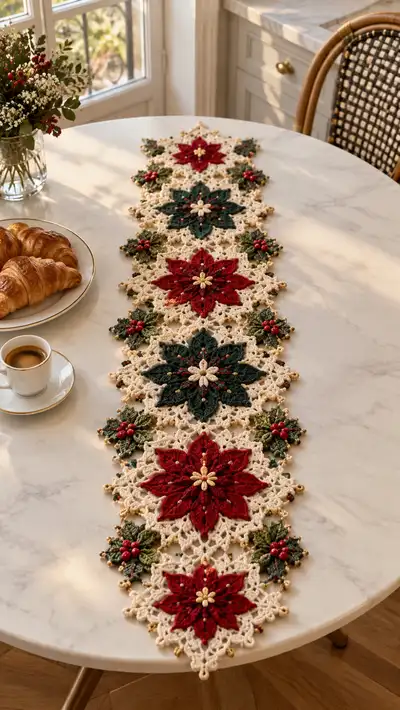 Red Forest Poinsettia Crochet Table Runner Pattern step 1 - construction progress
