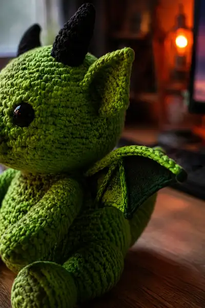 Small Green Demon Dragon with Little Bat Wings Amigurumi Pattern step 2 - assembly progress