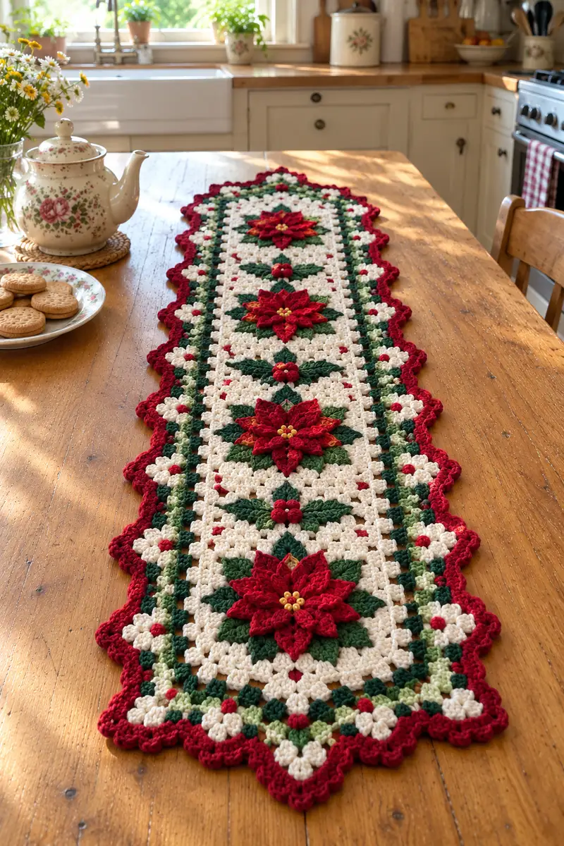 Festive Poinsettia Table Runner Pattern crochet pattern - detailed view of completed project