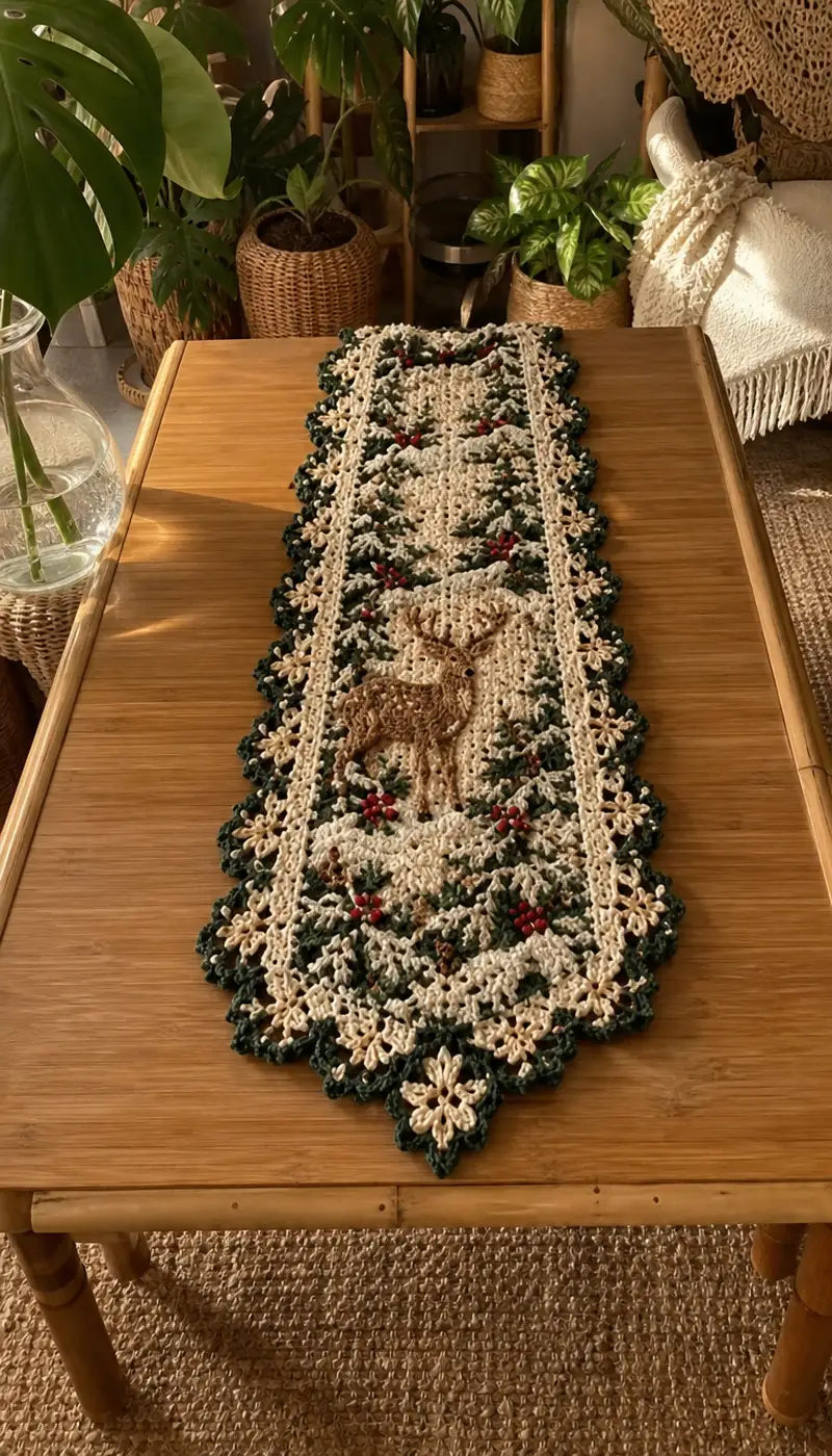 Cream Deer And Holly Table Runner Pattern crochet pattern - detailed view of completed project