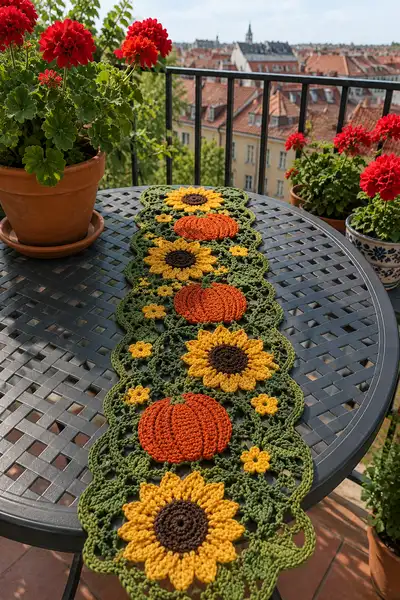 Pumpkin Vine and Sunflower Table Runner Pattern step 1 - construction progress