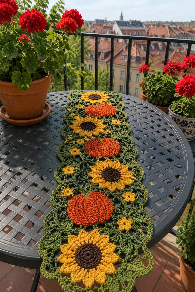 Pumpkin Vine and Sunflower Table Runner Pattern crochet pattern - detailed view of completed project