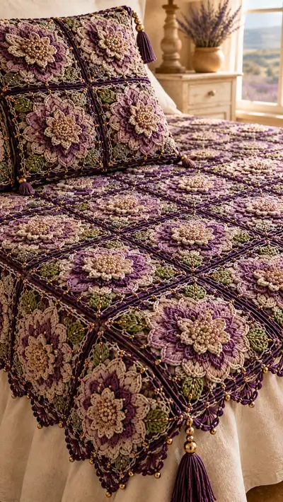 Lavender Jewel Layered Granny Bedspread Pattern step 2 - assembly progress