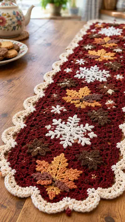 Autumn Leaves & Snowflake Table Runner Pattern step 2 - assembly progress
