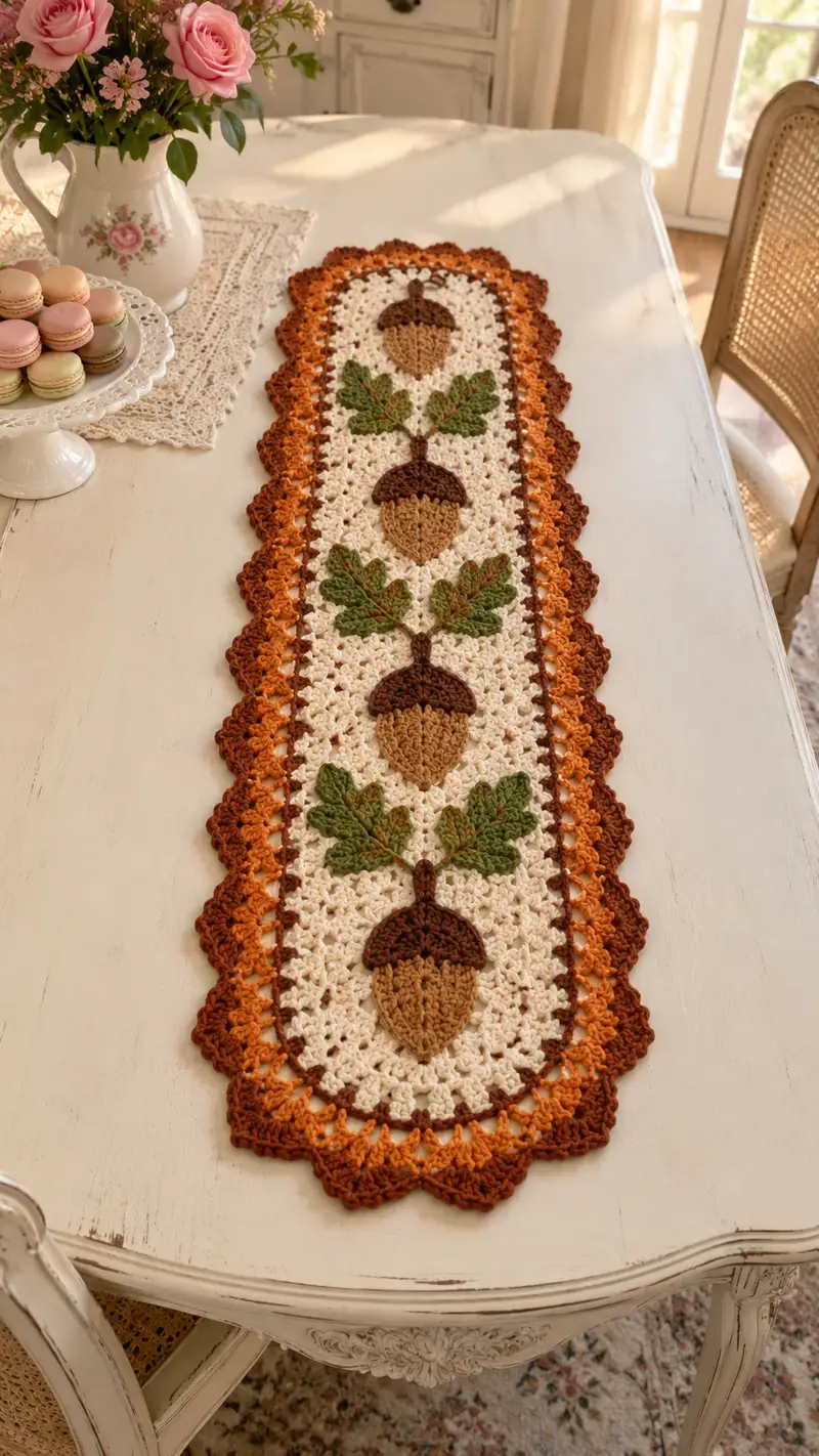 Acorn & Leaf Table Runner Pattern crochet pattern - detailed view of completed project