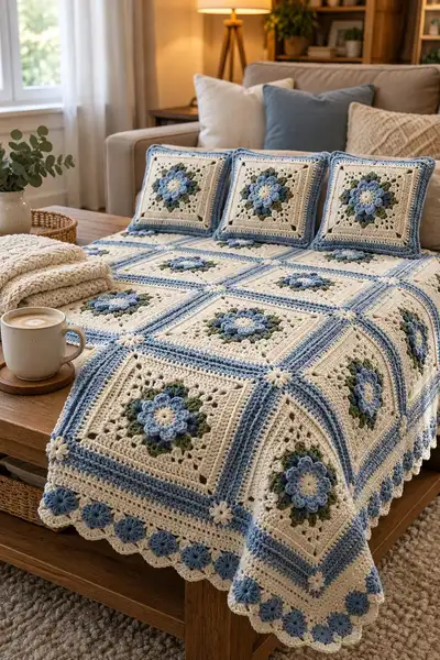 Soft Blue Blossom Bedspread Pattern step 2 - assembly progress