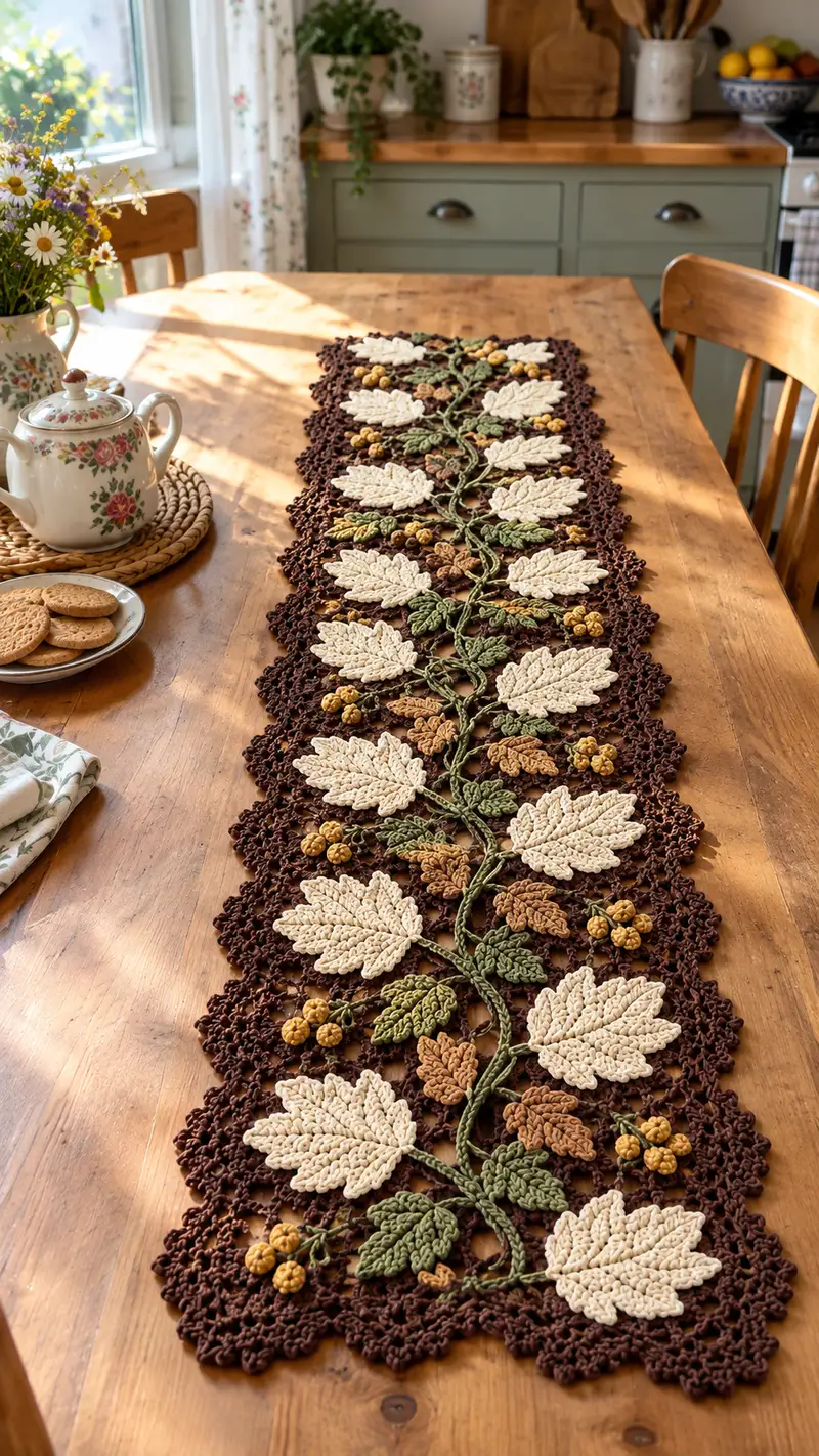Autumn Leaves Table Runner Pattern crochet pattern - detailed view of completed project