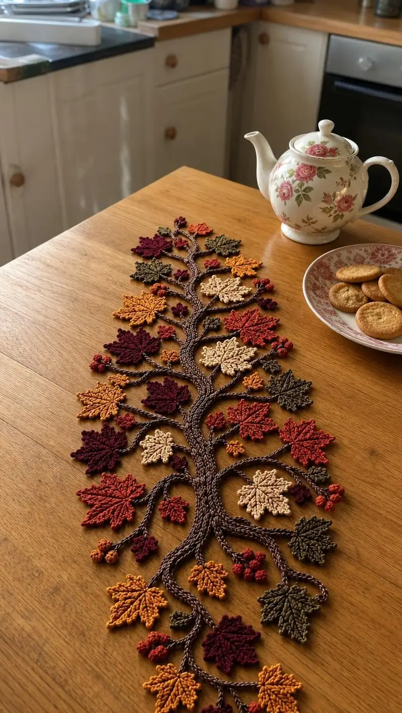 Autumn Maple Branch Table Runner Pattern crochet pattern - detailed view of completed project