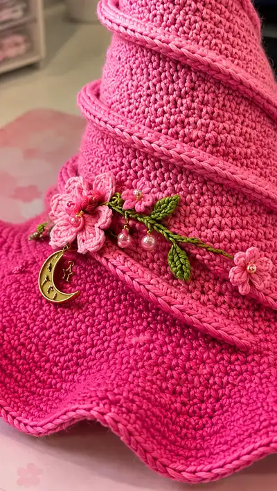 Whimsical Pink Witch Hat Pattern step 2 - assembly progress