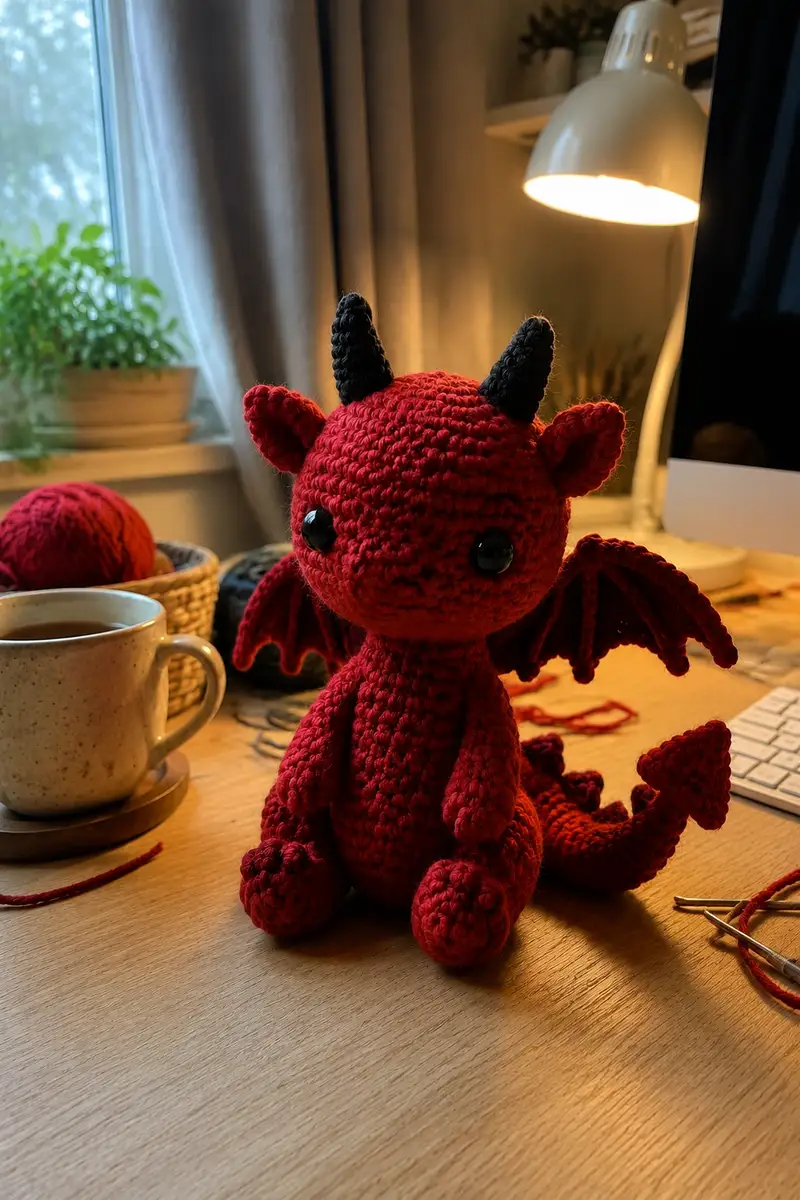 Small Red Demon Dragon Amigurumi Pattern crochet pattern - detailed view of completed project