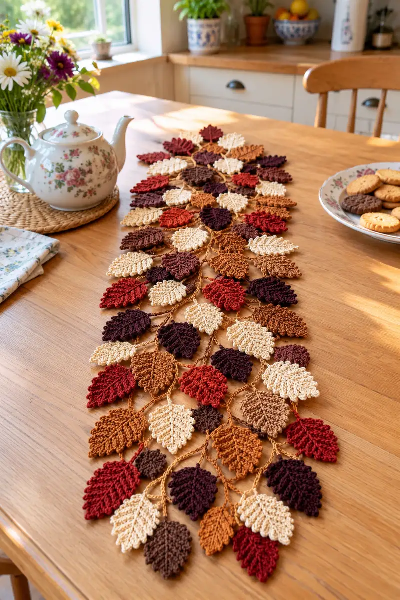 Autumn Leaves Table Runner Pattern crochet pattern - detailed view of completed project