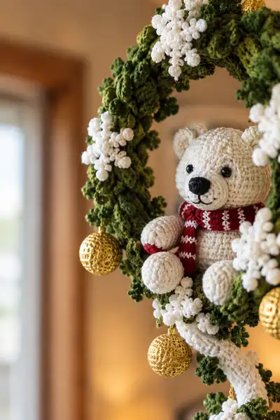 Winter Amigurumi Wreath with Polar Bear and Golden Baubles Amigurumi Pattern step 2 - assembly progress