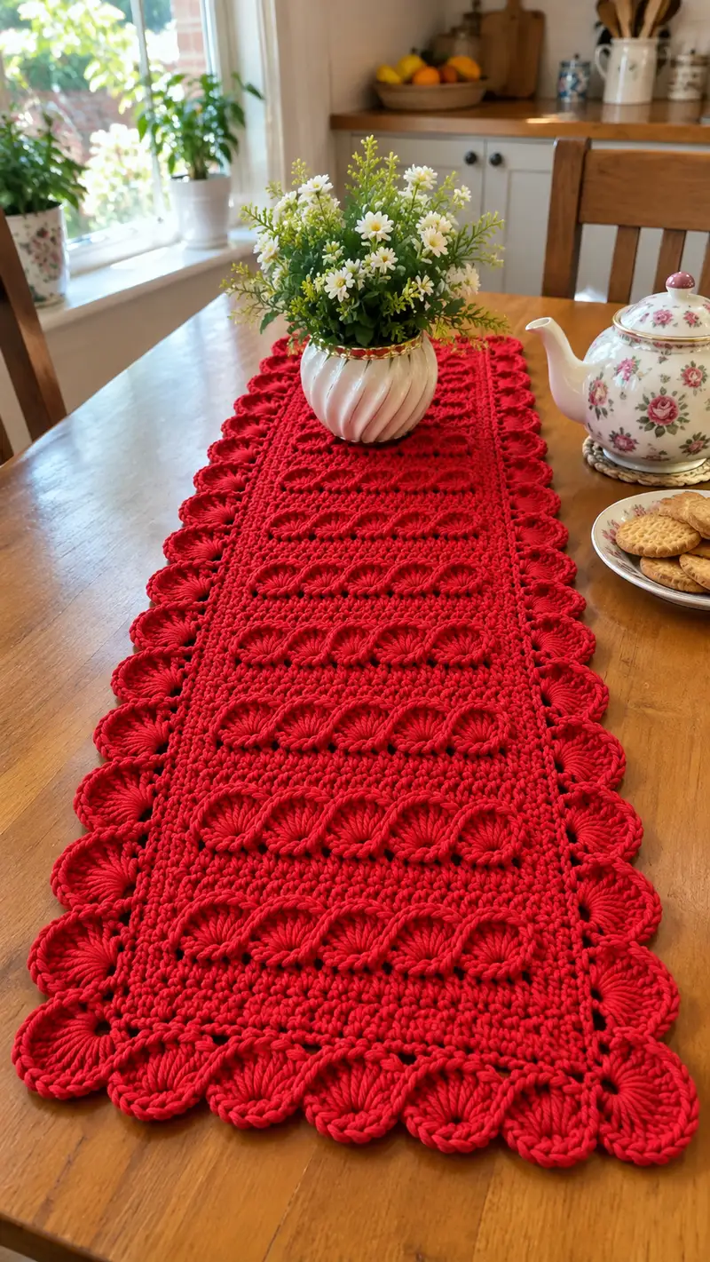 Elegant Red Scalloped Table Runner Pattern crochet pattern - detailed view of completed project