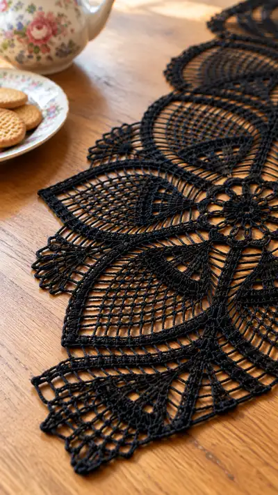 Elegant Black Leaf Lace Table Runner Pattern step 2 - assembly progress