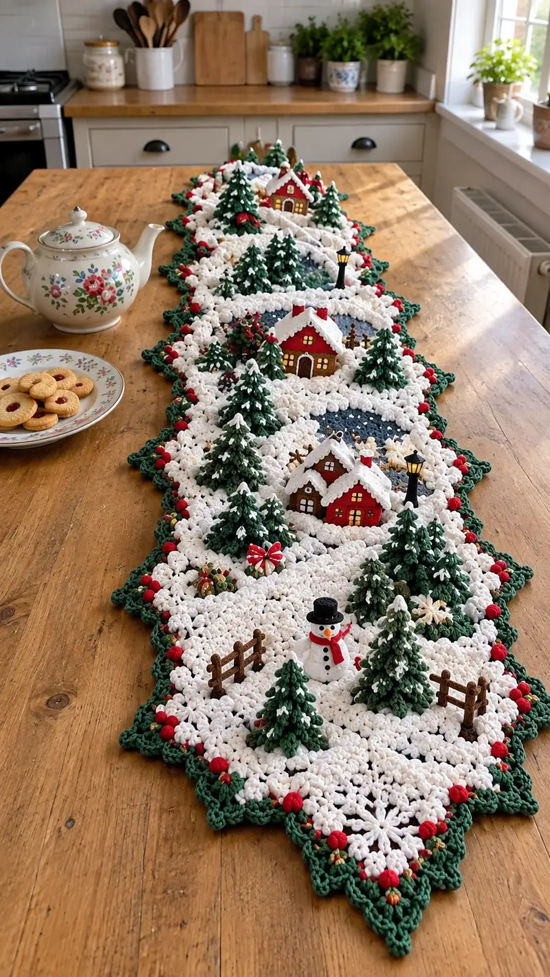 Christmas Village Table Runner Pattern crochet pattern - detailed view of completed project