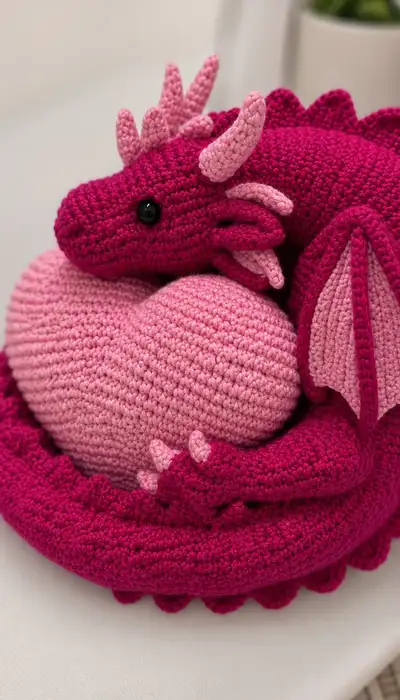 Curled Dragon Hugging Heart Amigurumi Pattern step 2 - assembly progress