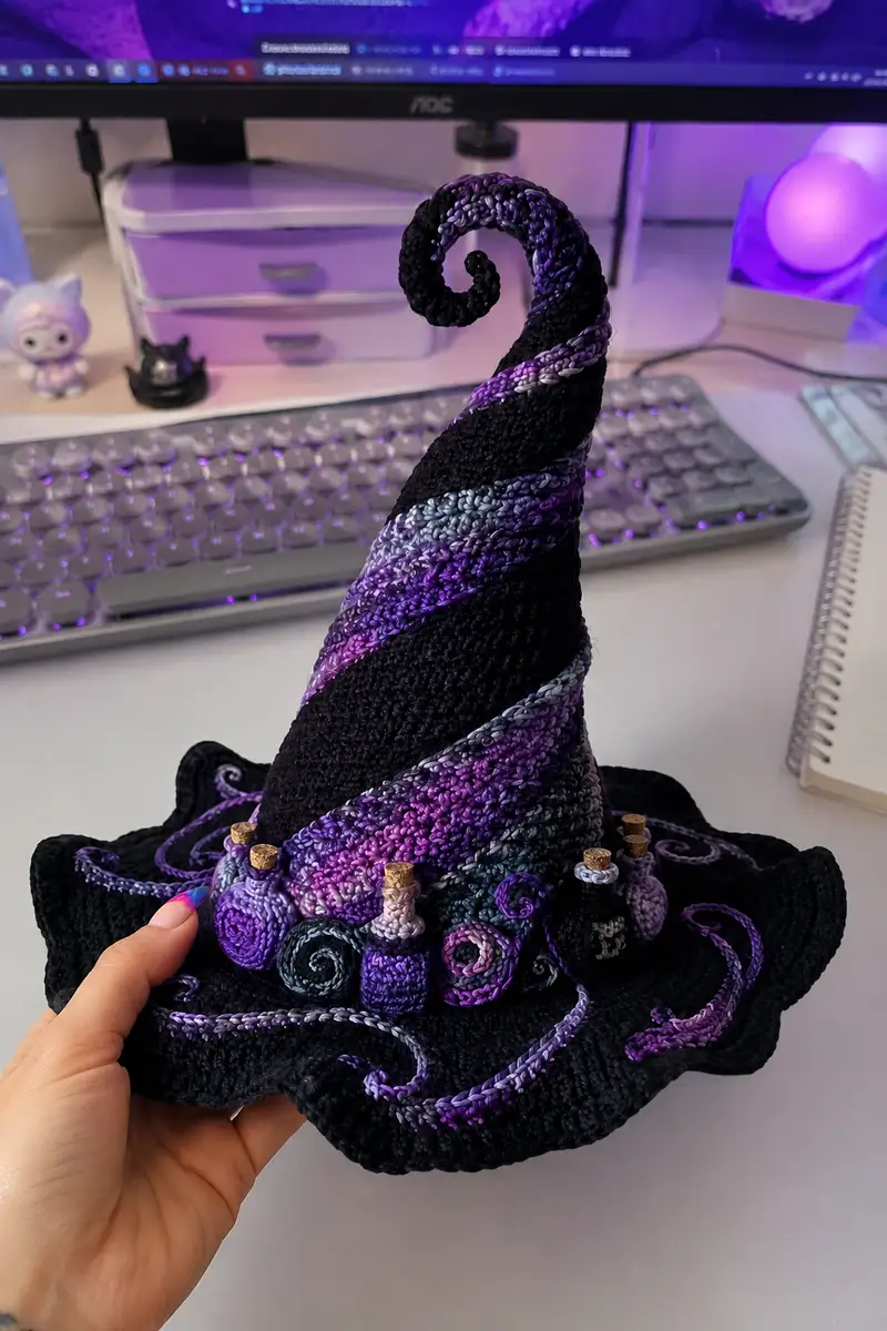 Giant Swirl Potion Witch Hat Pattern crochet pattern - detailed view of completed project