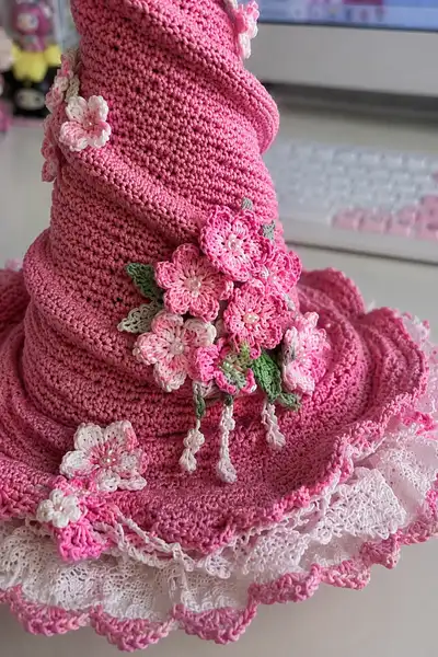 Big Tall Rose Pink Spiral Witch Hat with Cherry Blossoms and Lace Trim Pattern step 2 - assembly progress