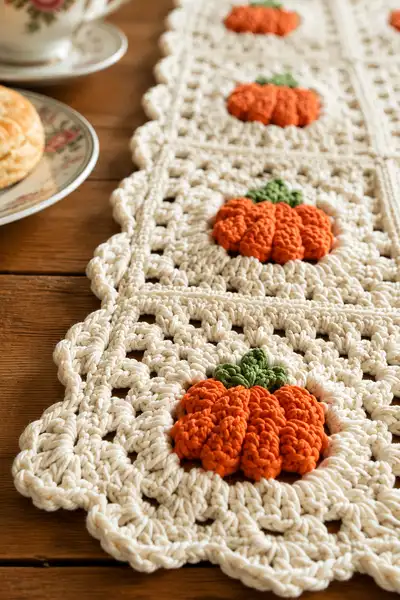 Cream Granny Square Table Runner with Orange Pumpkin Centers Pattern step 2 - assembly progress