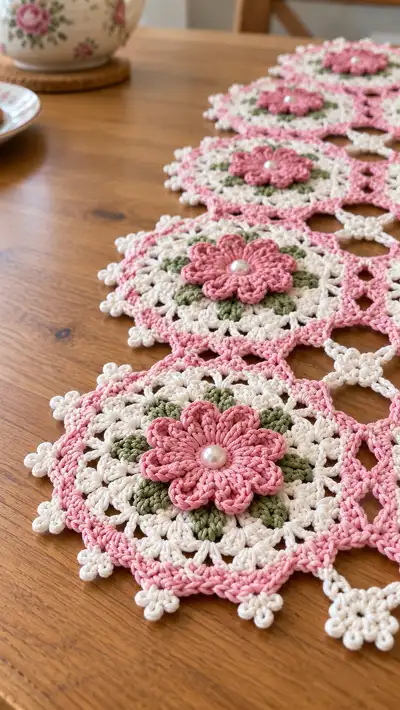 Vintage Rose Hexagon Table Runner Pattern step 2 - assembly progress