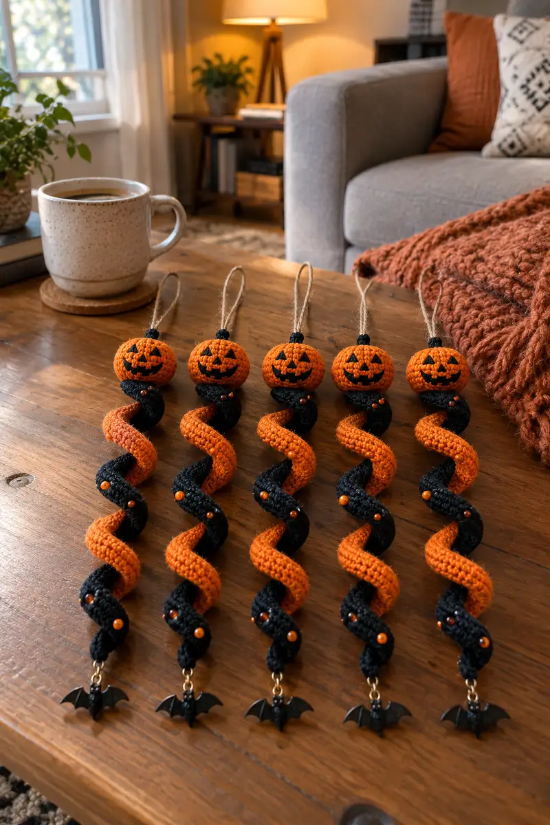Halloween Spiral Hanging Ornament Amigurumi Pattern crochet pattern - detailed view of completed project