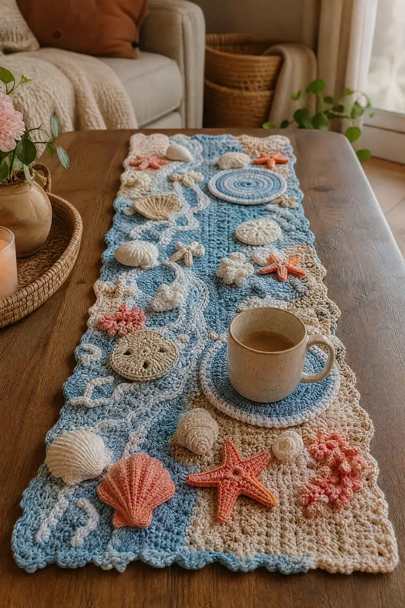 Coastal Shell Table Runner Pattern crochet pattern - detailed view of completed project