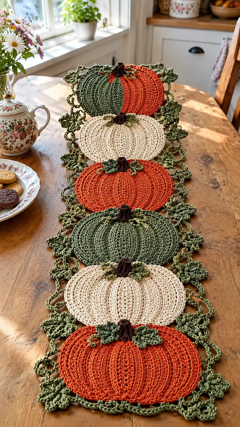 Autumn Pumpkin Table Runner Pattern crochet pattern - detailed view of completed project