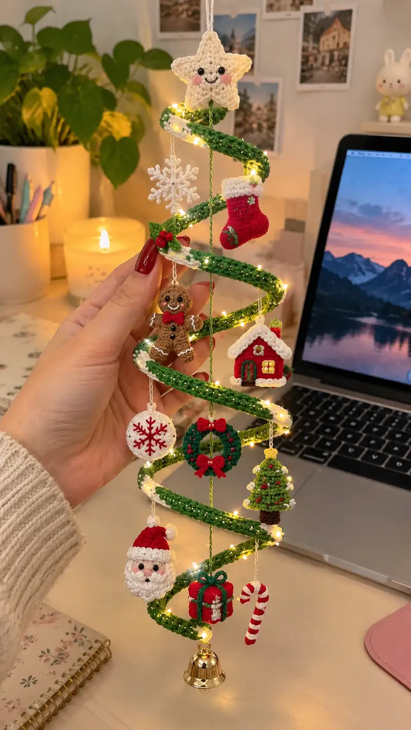 Spiral Mini Christmas Tree Mobile Amigurumi Pattern crochet pattern - detailed view of completed project