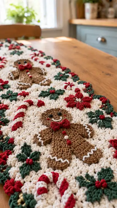 Festive Gingerbread Table Runner Pattern step 2 - assembly progress