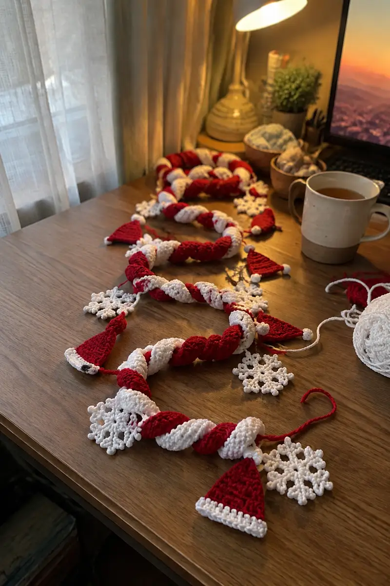 Red and White Spiral Christmas Garland Pattern crochet pattern - detailed view of completed project