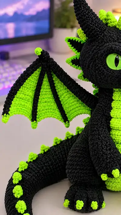 Neon Spike Dragon Amigurumi Pattern step 2 - assembly progress