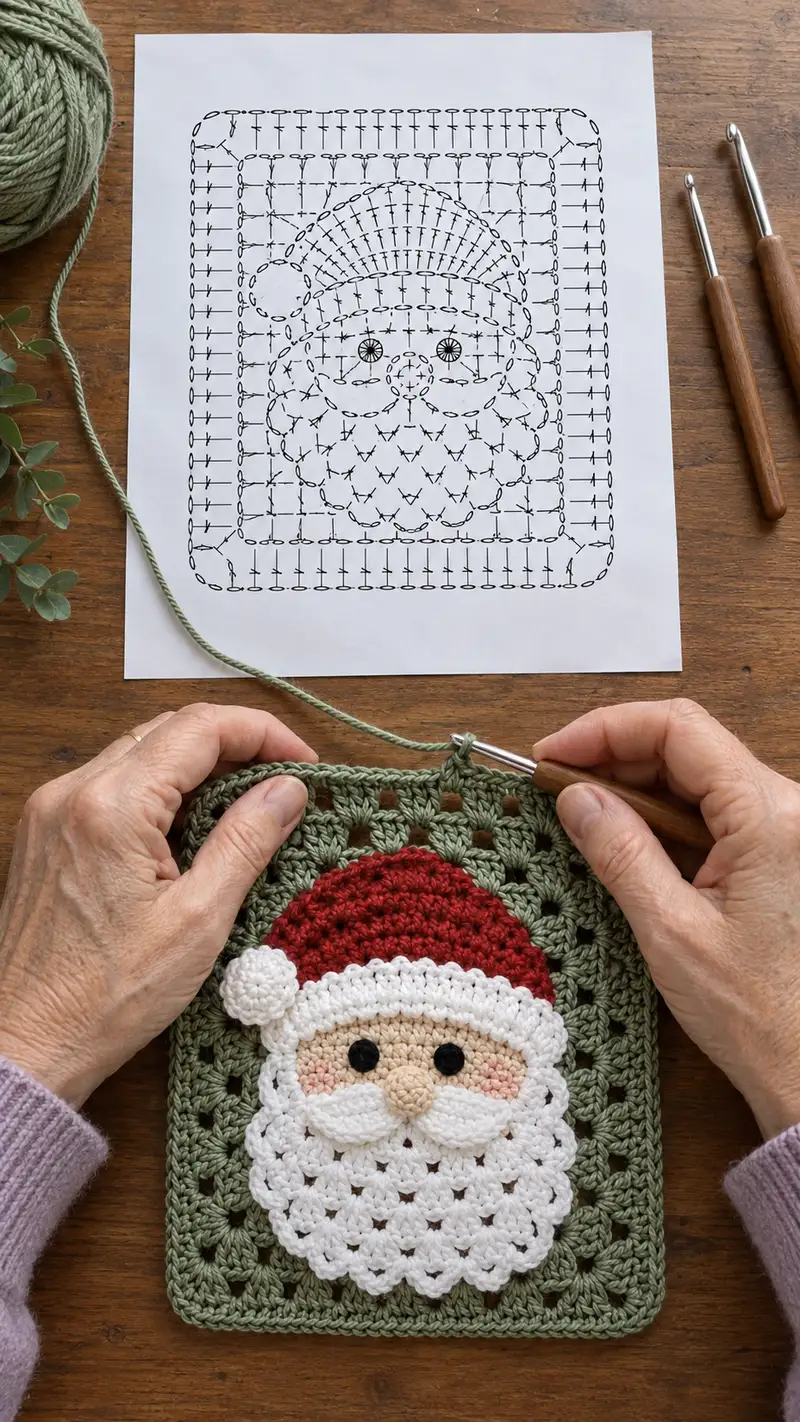 Bearded Santa Granny Square Pattern crochet pattern - detailed view of completed project