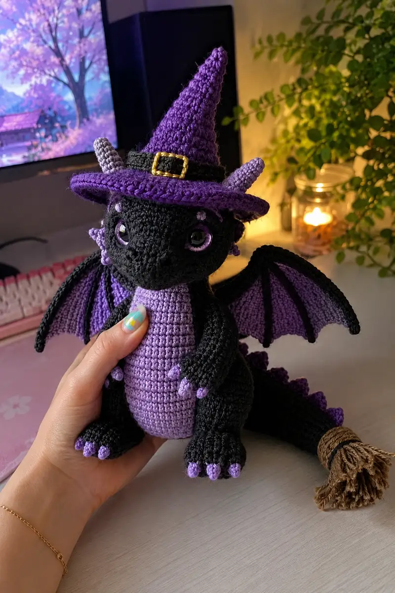 Big Witch Dragon with Purple Hat and Broomstick Tail Amigurumi Pattern crochet pattern - detailed view of completed project