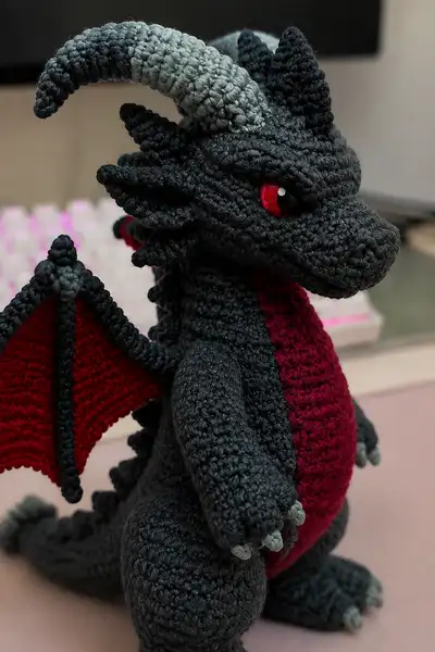 Big Charcoal Demon Dragon with Ram Horns and Red Belly Amigurumi Pattern step 2 - assembly progress